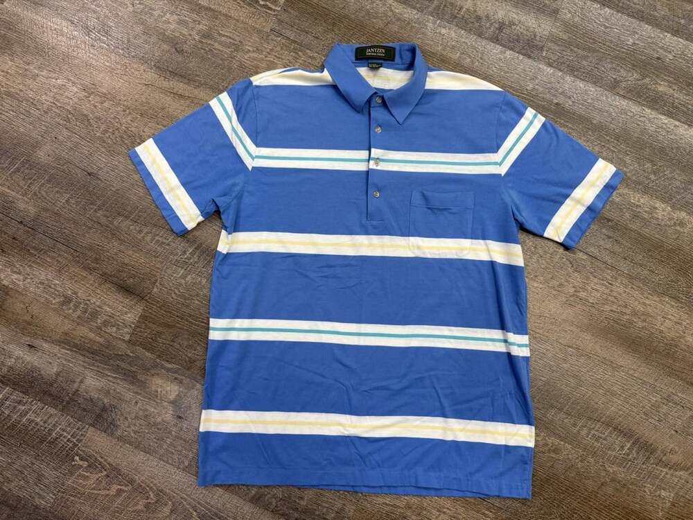 Vintage Jantzen Natural Touch Polo Shirt Mens Large Blue White Striped Golf 80s